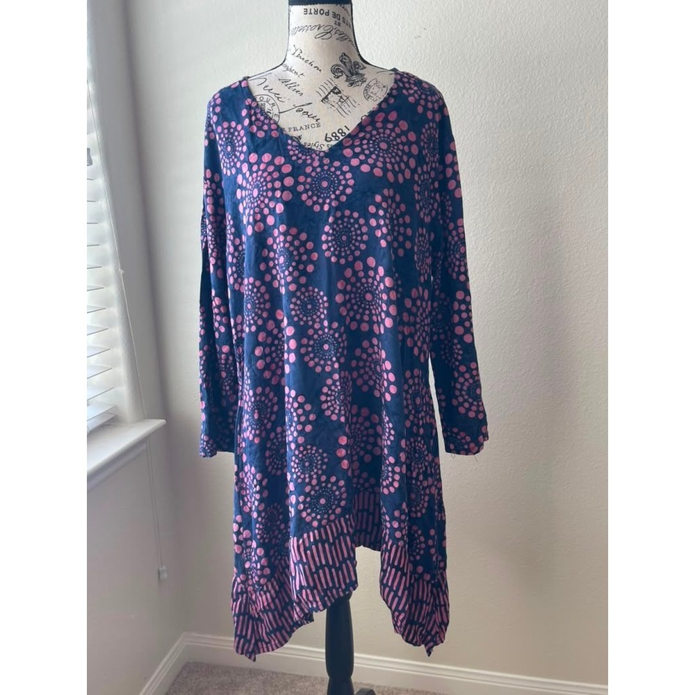 Soft Surroundings Tunic Dress L/XL Navy Pink Polka Dot Long Sleeve Sharkbite Hem